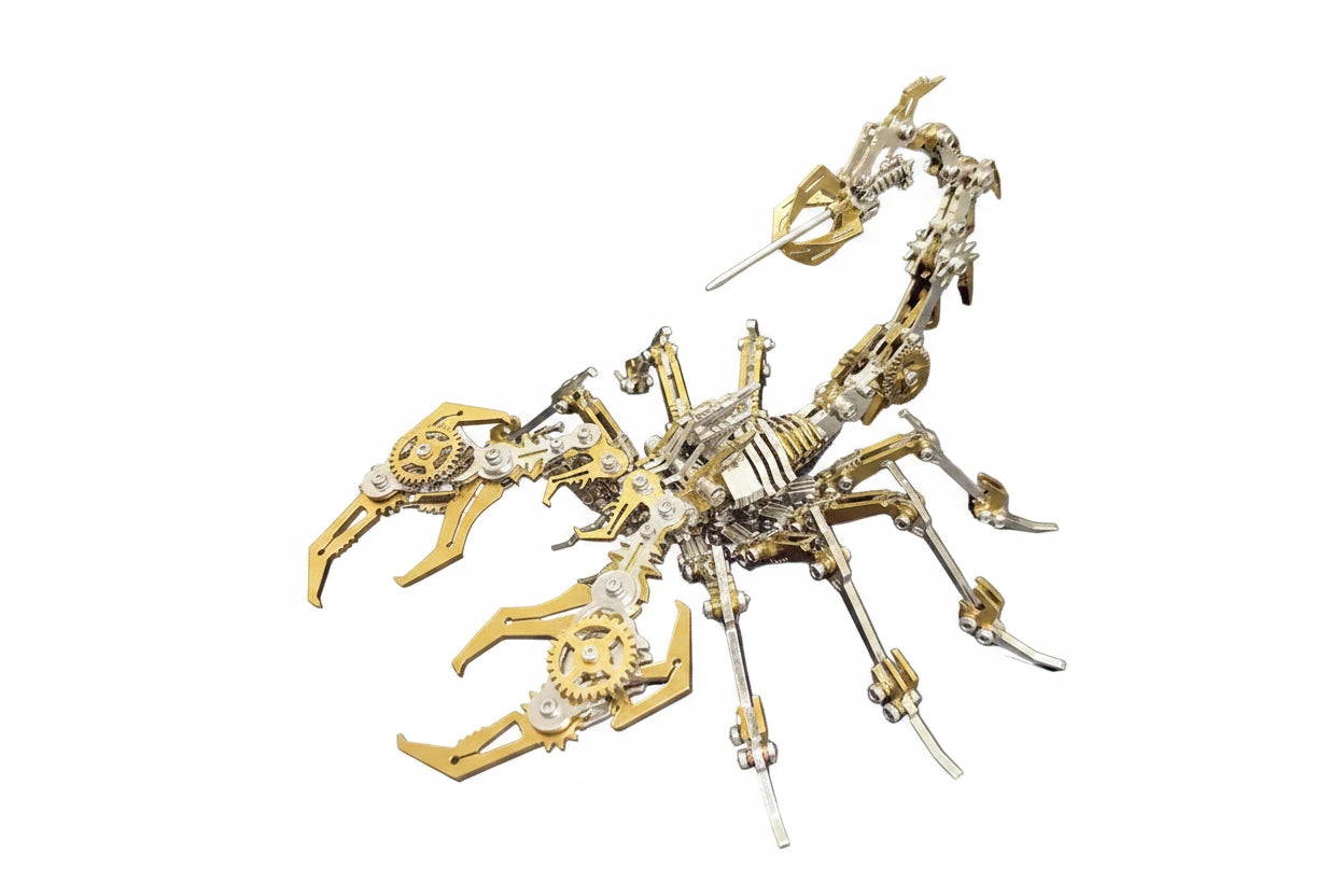 Metallic scorpion model with gold and silver accents on a dark background