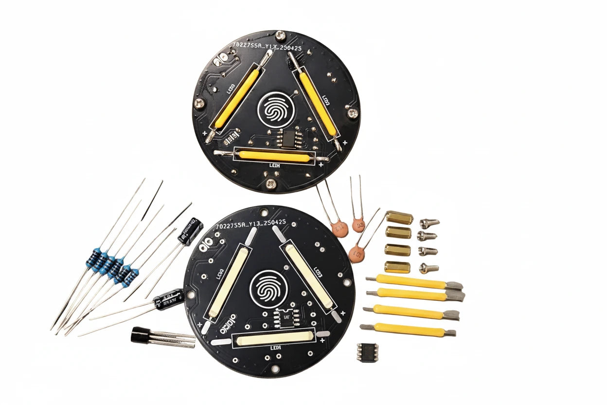 Two electronic circuit boards with components on a gray surface