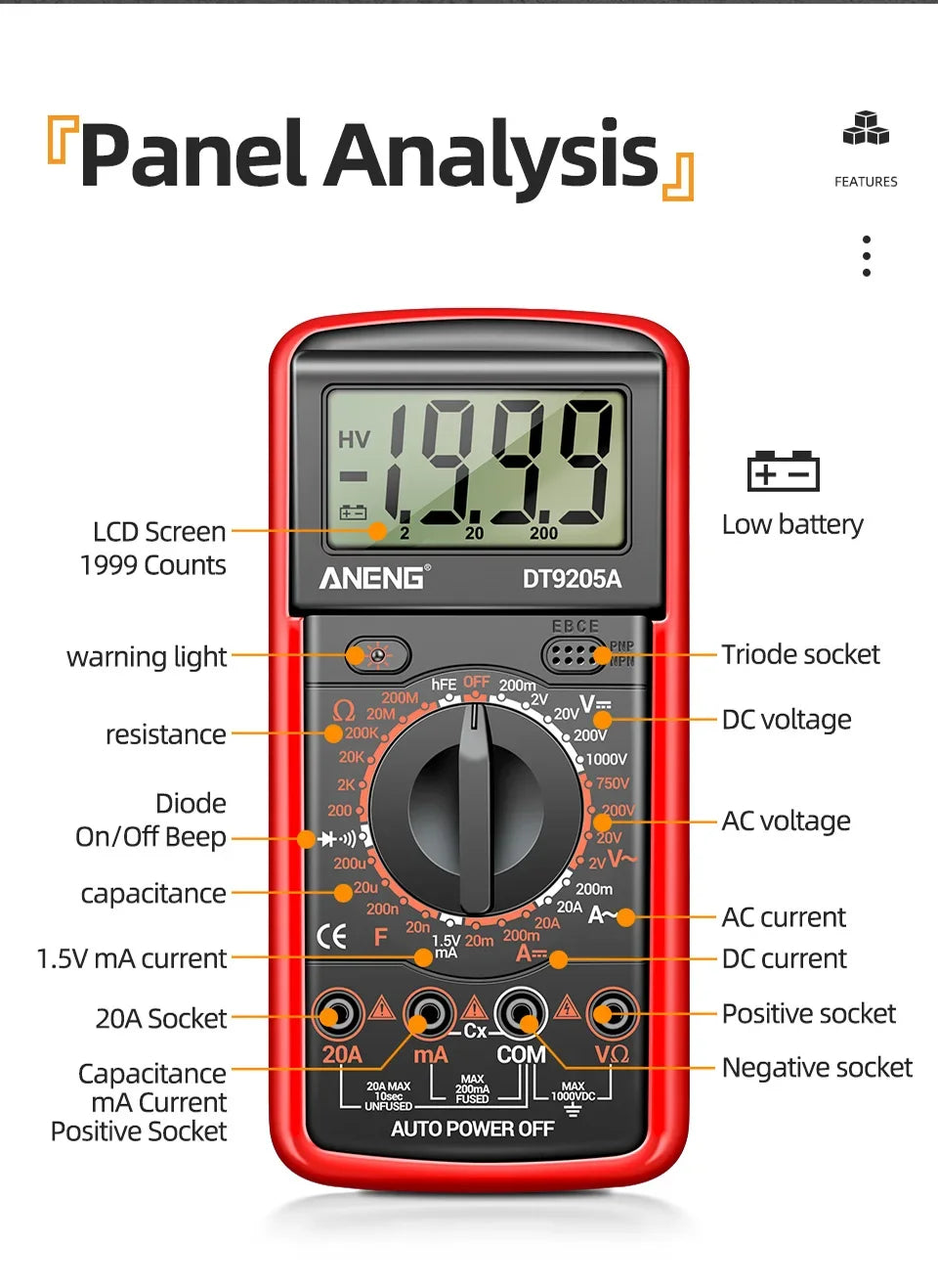 Professional Multimeter Tester ANENG DT9205A-12