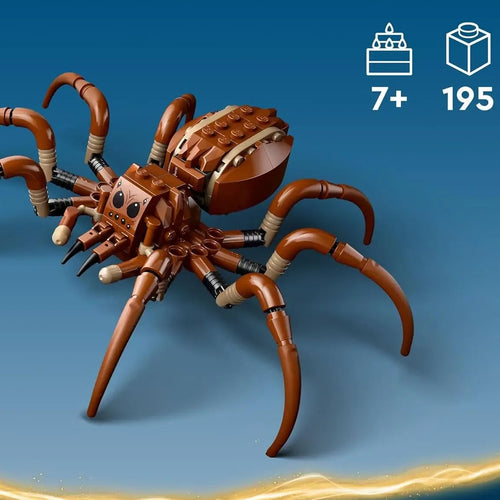 LEGO spider model on a blue background with branding and product details.