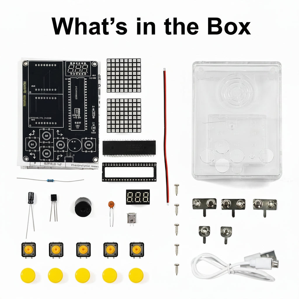 Collection of loose DIY electronic parts on a white background with text about soldering and assembly.